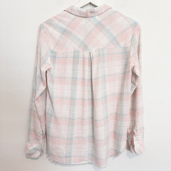 Bella Dahl Linen‎ Plaid Button Up Roll Tab Shirt Pink Blue Western Rodeo Size XS - Picture 6 of 7